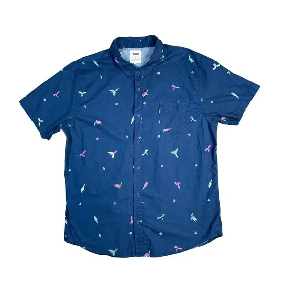 Levis Short Sleeve Button up Shirt Mens 2XL Bird Printed‎ Blue Preppy Casual - Picture 1 of 7